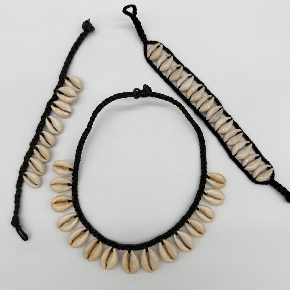 Vintage Cowrie Shell Jewelry Set Necklace Bracelet Anklet Boho Beach Y2K Style